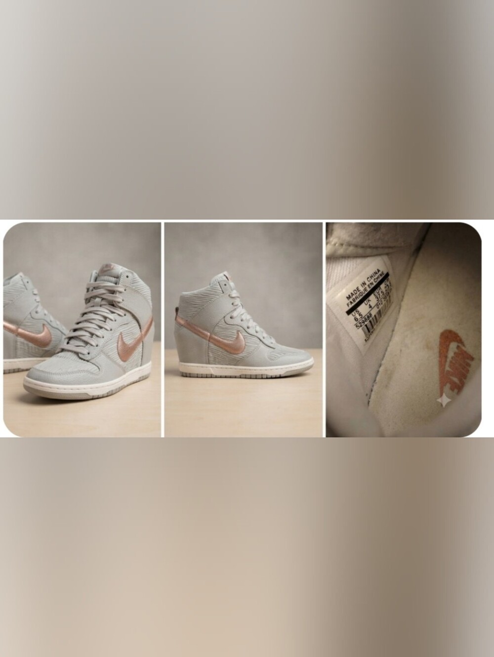 Neutral Gray Wedge Sneaker with Rose Gold Swoosh - Women Shoes